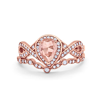 Teardrop Wedding Ring Piece Band Rose Tone Simulated Morganite CZ 925 Sterling Silver